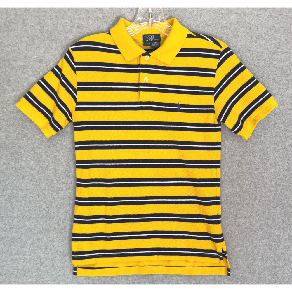 Polo Ralph Lauren Polo Shirt Boys Small 8/10 Yellow Navy Blue Striped Pique